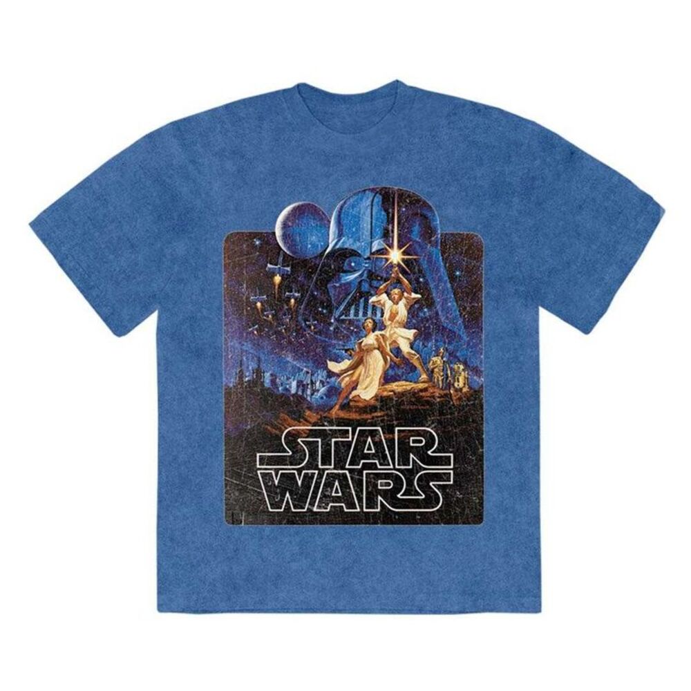 Star Wars Unisex Adult Luke & Leia Action Pose Stone Wash T-Shirt / Denim Blue